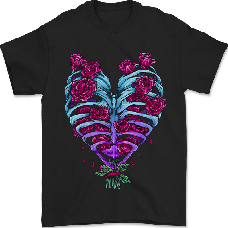 A Gothic Heart With Roses Skull Mens T-Shirt 100% Cotton Black