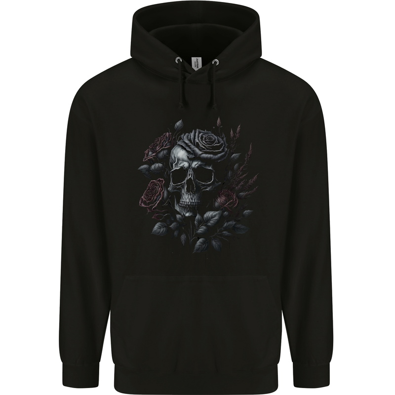 A Gothic Skull With Flowers Roses Childrens Kids Hoodie Black