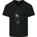 A Gothic Skull With Flowers Roses Goth Mens V-Neck Cotton T-Shirt Black