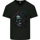 A Gothic Skull With Flowers Roses Goth Mens V-Neck Cotton T-Shirt Black