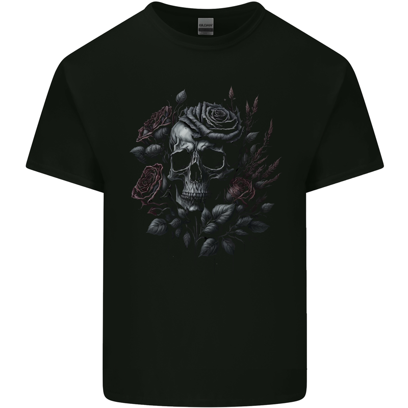 A Gothic Skull With Flowers Roses Mens Cotton T-Shirt Tee Top Black