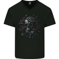 A Gothic Skull With Flowers Roses Mens V-Neck Cotton T-Shirt Black