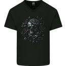 A Gothic Skull With Flowers Roses Mens V-Neck Cotton T-Shirt Black