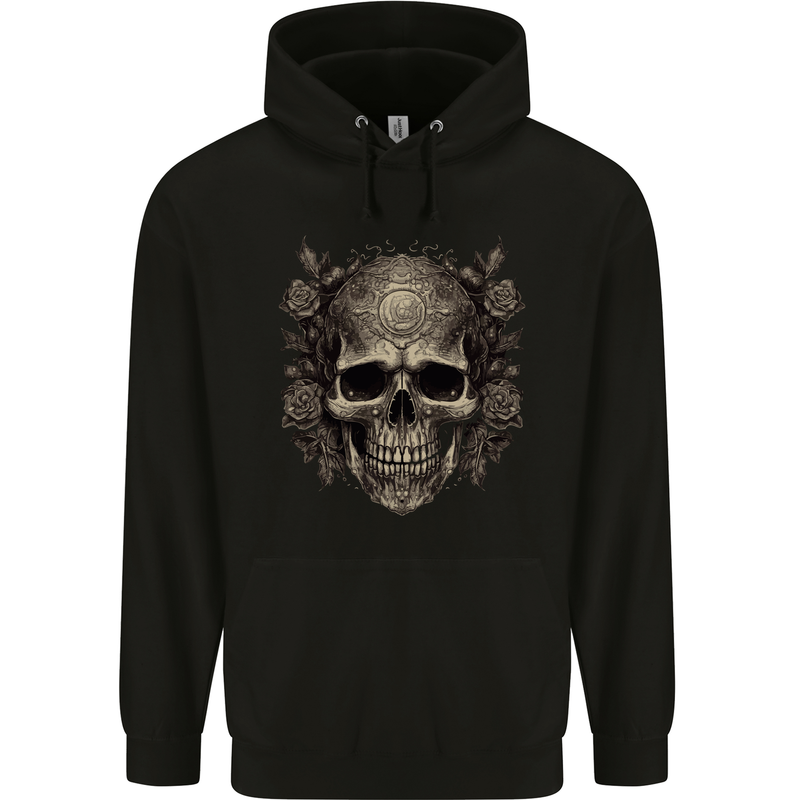 A Gothic Skull With Roses Childrens Kids Hoodie Black