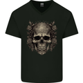 A Gothic Skull With Roses Mens V-Neck Cotton T-Shirt Black