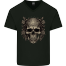 A Gothic Skull With Roses Mens V-Neck Cotton T-Shirt Black