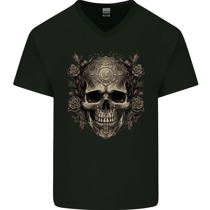 A Gothic Skull With Roses Mens V-Neck Cotton T-Shirt Black