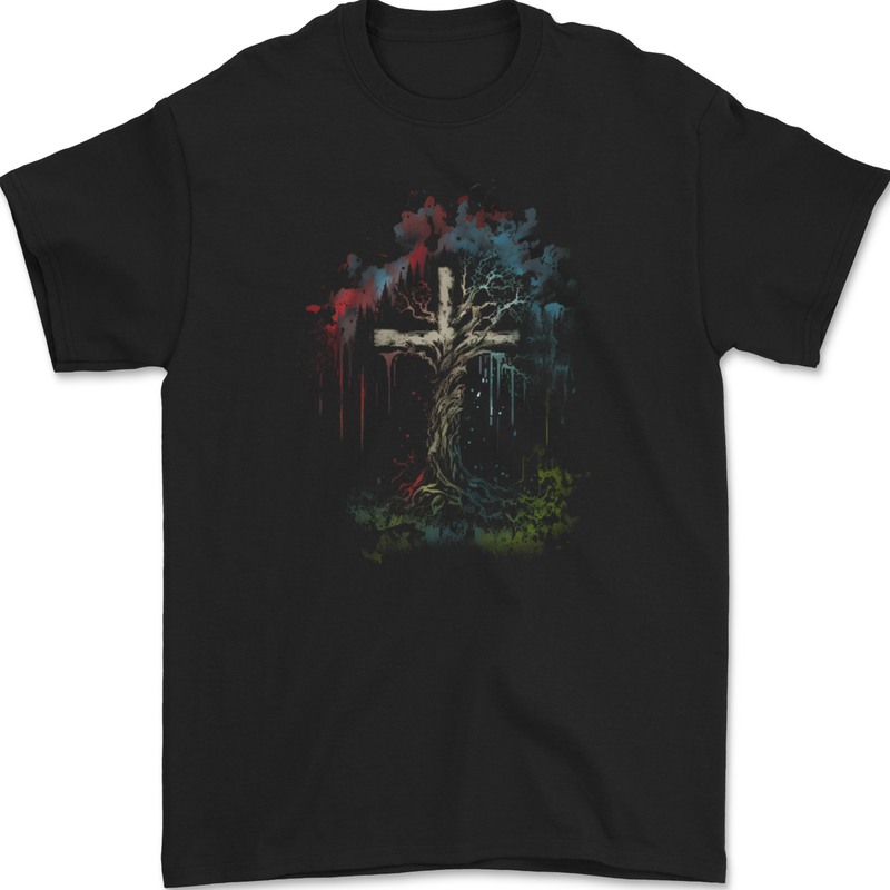 a black t - shirt with a painting of a cross on it