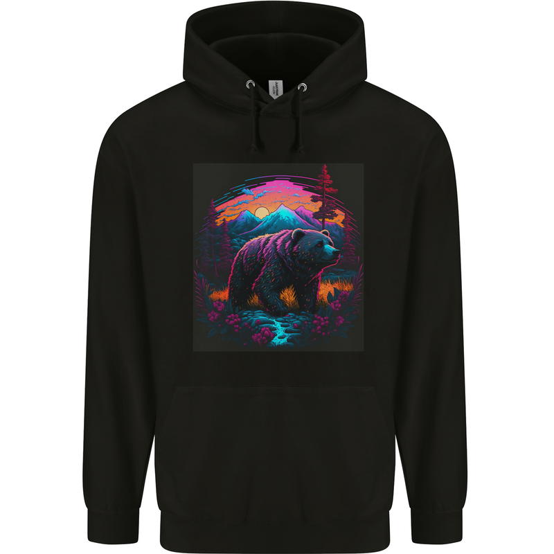 A Grizzly Bear in a Retro Wilderness Childrens Kids Hoodie Black