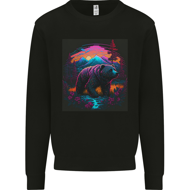 A Grizzly Bear in a Retro Wilderness Kids Sweatshirt Jumper Black