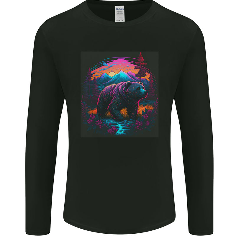 A Grizzly Bear in a Retro Wilderness Mens Long Sleeve T-Shirt Black