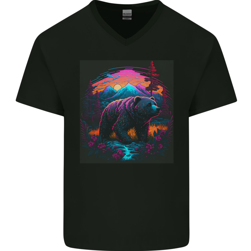 A Grizzly Bear in a Retro Wilderness Mens V-Neck Cotton T-Shirt Black