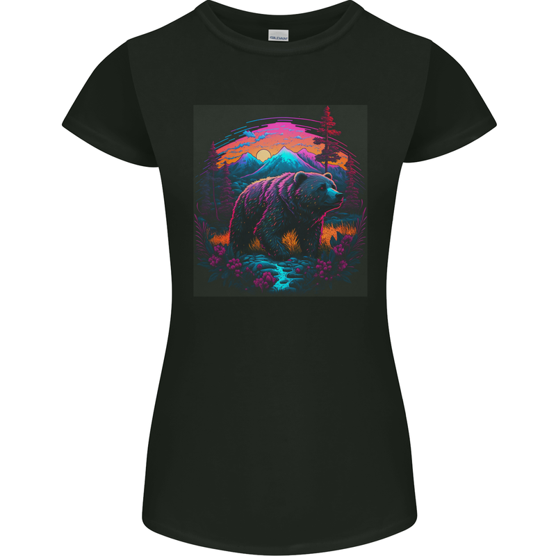 A Grizzly Bear in a Retro Wilderness Womens Petite Cut T-Shirt Black