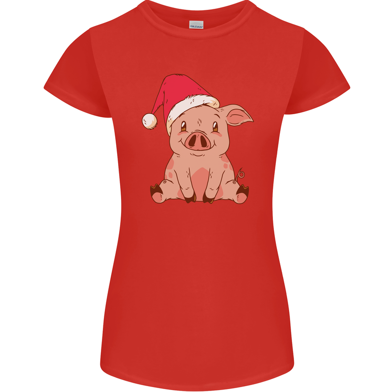 A Happy Christmas Pig Funny Xmas Womens Petite Cut T-Shirt Red