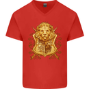 A Heraldic Lion Coat of Arms Shield Mens V-Neck Cotton T-Shirt Red