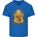 A Heraldic Lion Coat of Arms Shield Mens V-Neck Cotton T-Shirt Royal Blue