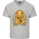 A Heraldic Lion Coat of Arms Shield Mens V-Neck Cotton T-Shirt Sports Grey