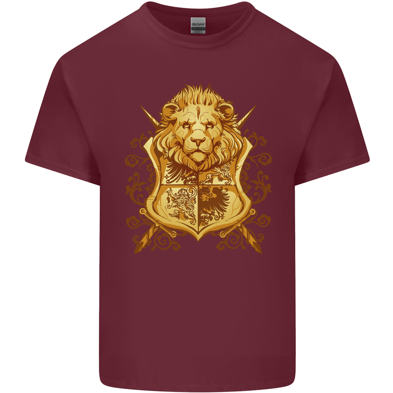 A Heraldic Lion Shield Coat of Arms Mens Cotton T-Shirt Tee Top Maroon