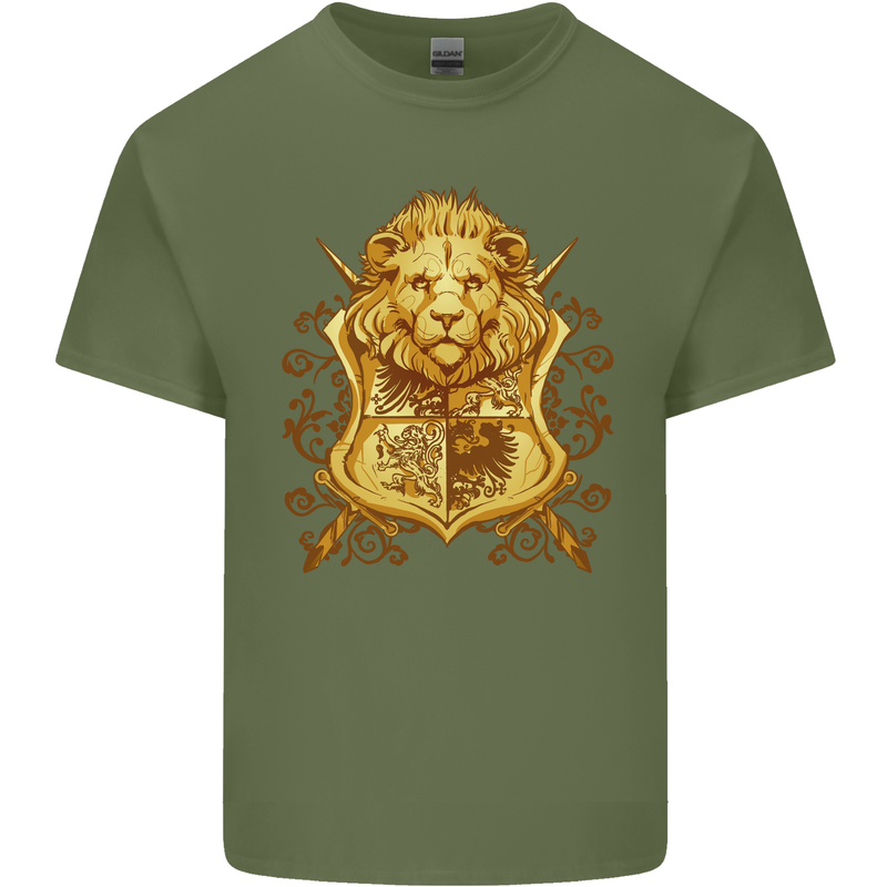 A Heraldic Lion Shield Coat of Arms Mens Cotton T-Shirt Tee Top Military Green