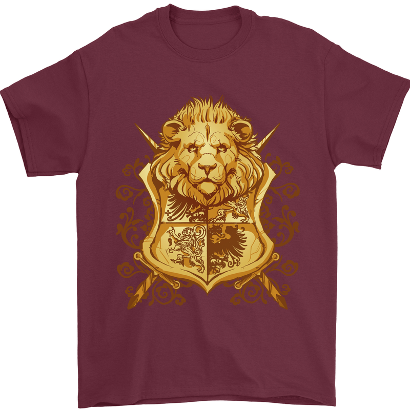 A Heraldic Lion Shield Coat of Arms Mens T-Shirt 100% Cotton Maroon