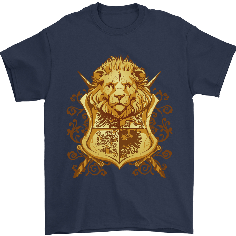 A Heraldic Lion Shield Coat of Arms Mens T-Shirt 100% Cotton Navy Blue