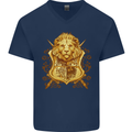 A Heraldic Lion Shield Coat of Arms Mens V-Neck Cotton T-Shirt Navy Blue