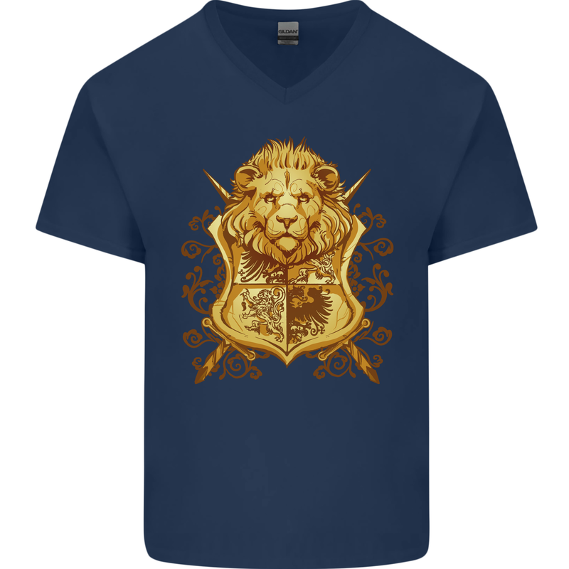 A Heraldic Lion Shield Coat of Arms Mens V-Neck Cotton T-Shirt Navy Blue
