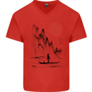 A Japanese Boat at Sunset Mens V-Neck Cotton T-Shirt Red