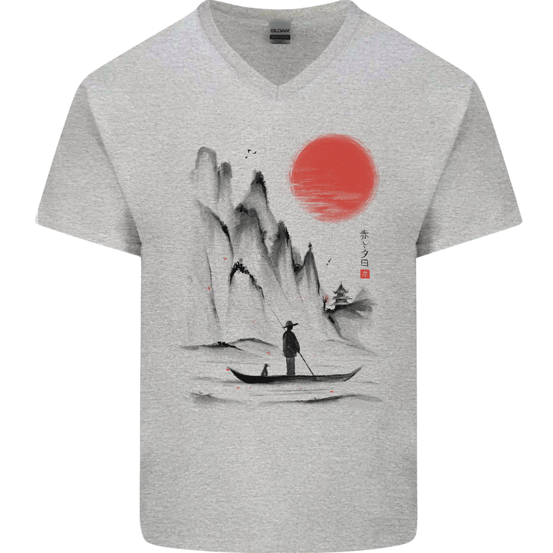 A Japanese Boat at Sunset Mens V-Neck Cotton T-Shirt Sports Grey