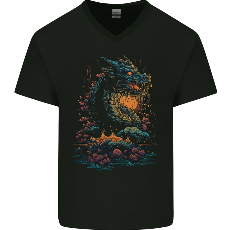 A Japanese Fantasy Water Dragon Mens V-Neck Cotton T-Shirt Black