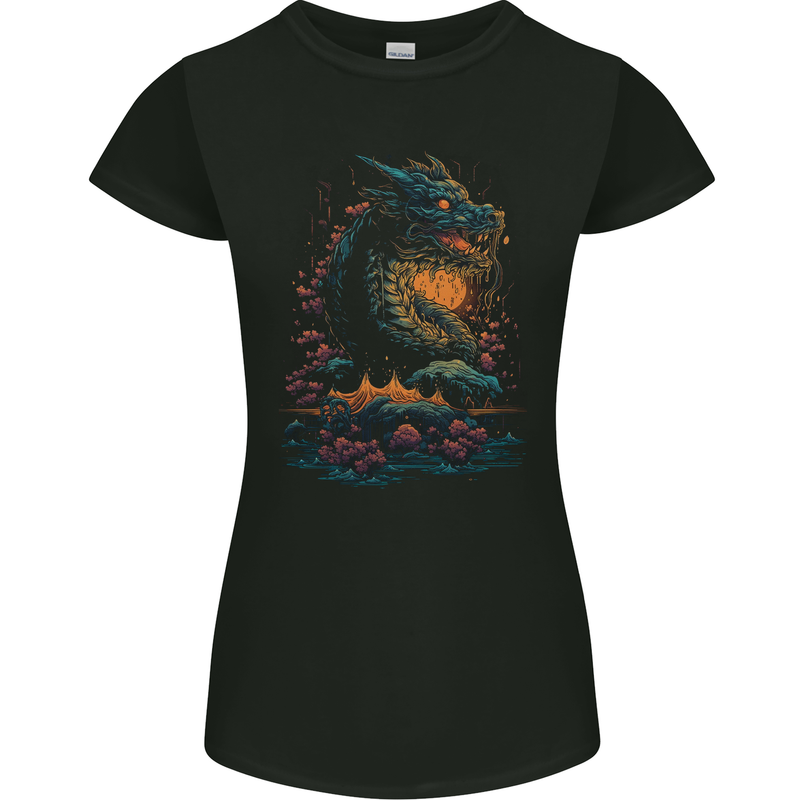 A Japanese Fantasy Water Dragon Womens Petite Cut T-Shirt Black