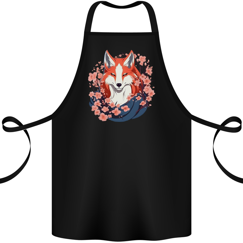 A Japanese Kitsune With Flowers Fox Cotton Apron 100% Organic Black
