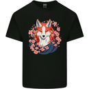A Japanese Kitsune With Flowers Fox Kids T-Shirt Childrens Black