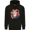 A Japanese Kitsune With Flowers Fox Mens 80% Cotton Hoodie Black