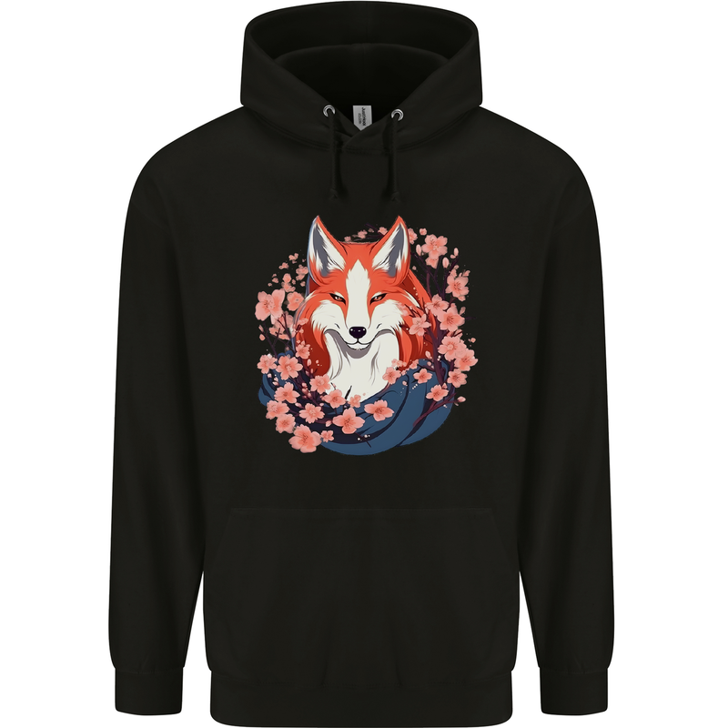 A Japanese Kitsune With Flowers Fox Mens 80% Cotton Hoodie Black