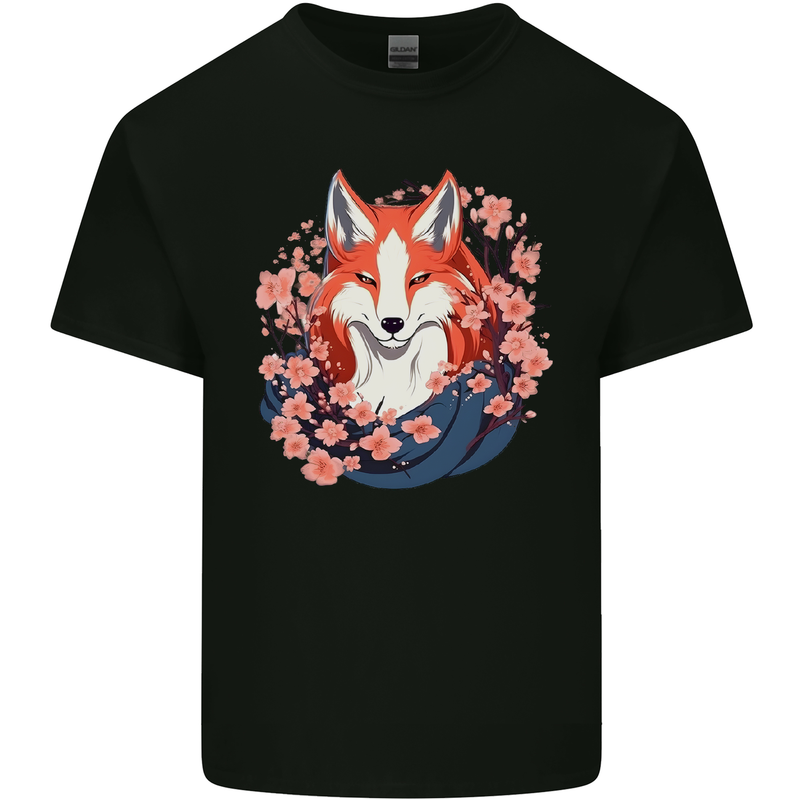 A Japanese Kitsune With Flowers Fox Mens Cotton T-Shirt Tee Top Black