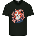A Japanese Kitsune With Flowers Fox Mens V-Neck Cotton T-Shirt Black