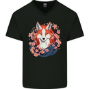 A Japanese Kitsune With Flowers Fox Mens V-Neck Cotton T-Shirt Black
