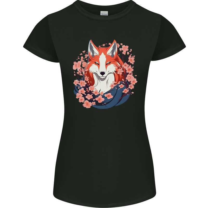 A Japanese Kitsune With Flowers Fox Womens Petite Cut T-Shirt Black