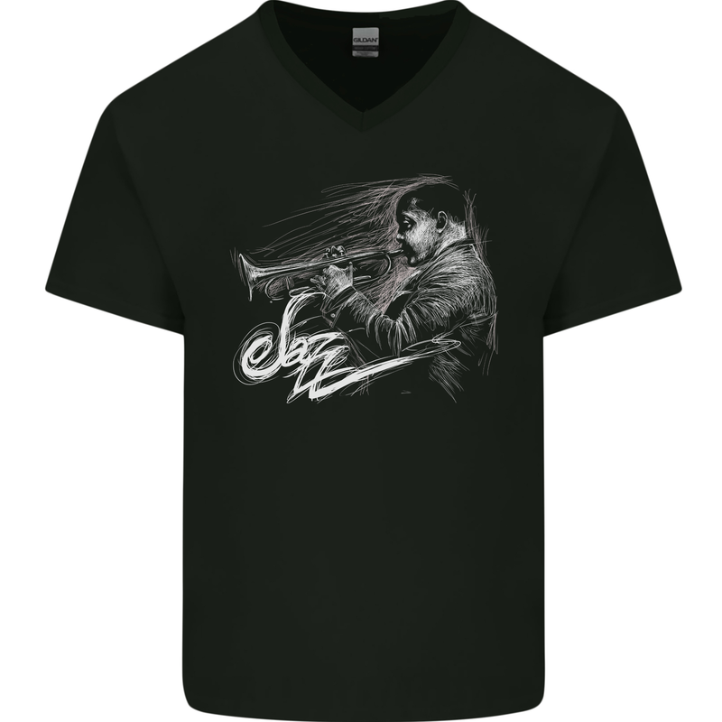 A Jazz Player Playing the Trumpet Mens V-Neck Cotton T-Shirt Black