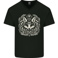 A Linocut Fox Mens V-Neck Cotton T-Shirt Black