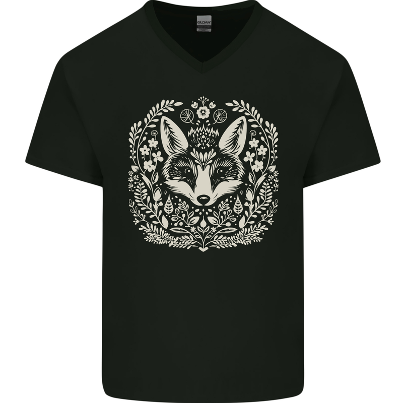 A Linocut Fox Mens V-Neck Cotton T-Shirt Black