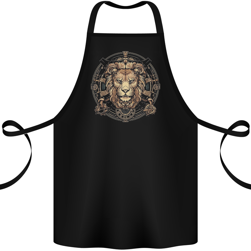 A Lions Head on a Timepiece Shield Cotton Apron 100% Organic Black