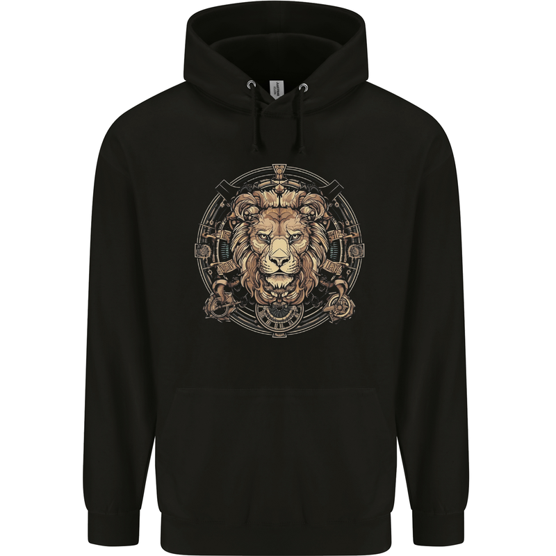 A Lions Head on a Timepiece Shield Mens 80% Cotton Hoodie Black