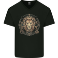 A Lions Head on a Timepiece Shield Mens V-Neck Cotton T-Shirt Black