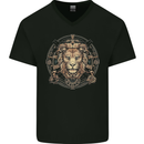 A Lions Head on a Timepiece Shield Mens V-Neck Cotton T-Shirt Black