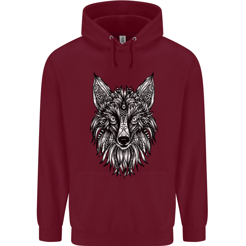A Mandala Art Fox Tribal Mens 80% Cotton Hoodie Maroon