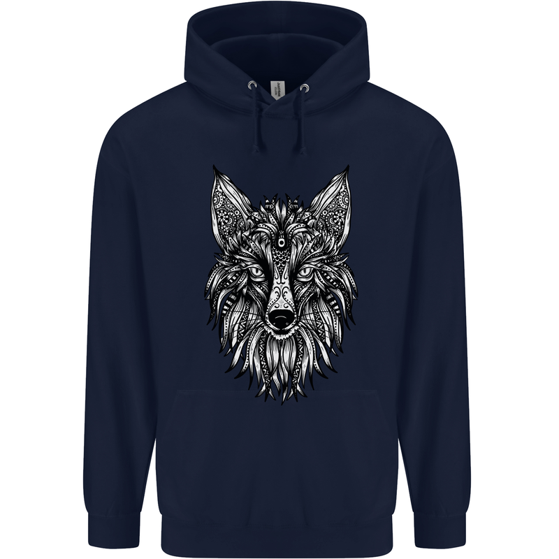 A Mandala Art Fox Tribal Mens 80% Cotton Hoodie Navy Blue