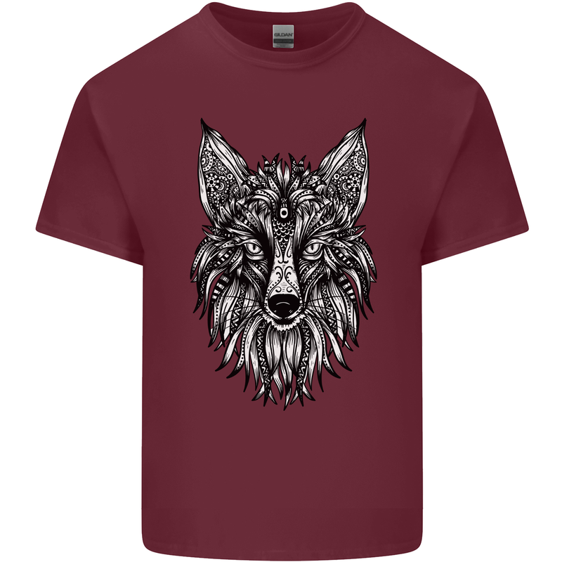 A Mandala Art Fox Tribal Mens Cotton T-Shirt Tee Top Maroon