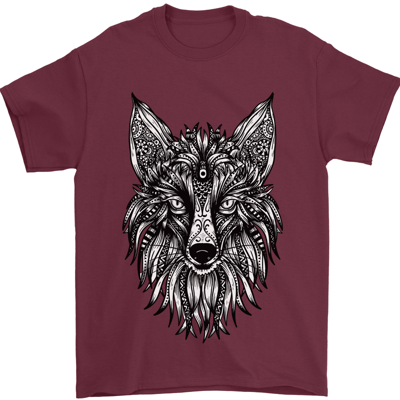 A Mandala Art Fox Tribal Mens T-Shirt 100% Cotton Maroon